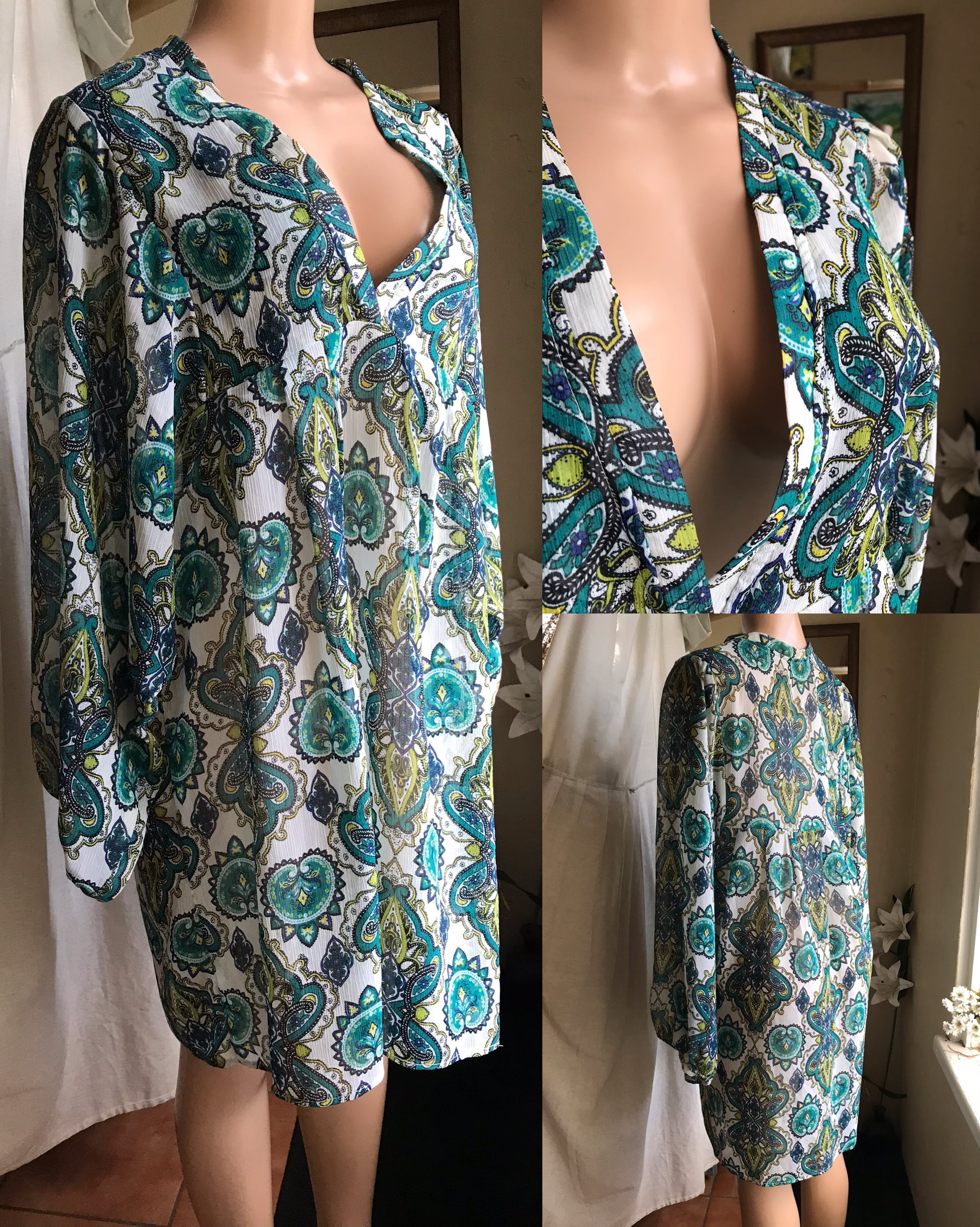 teal print sheer long sleeve dress / coverup . large
