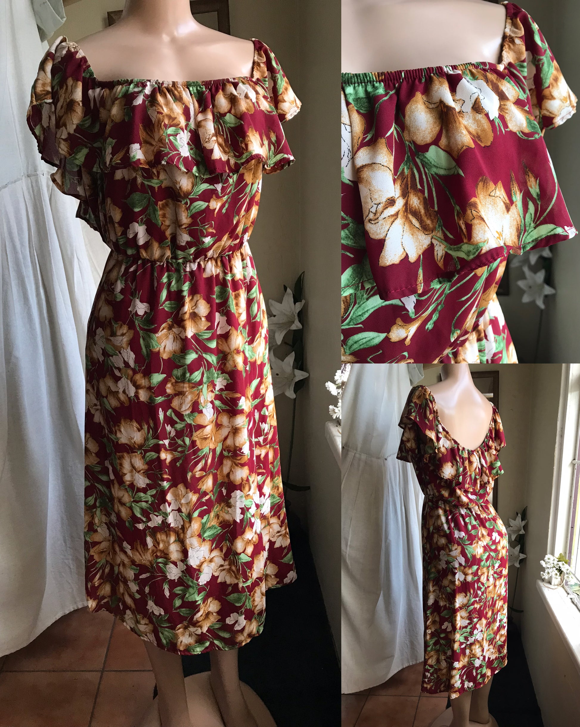 burgundy floral ruffle dress off the shoulder . m