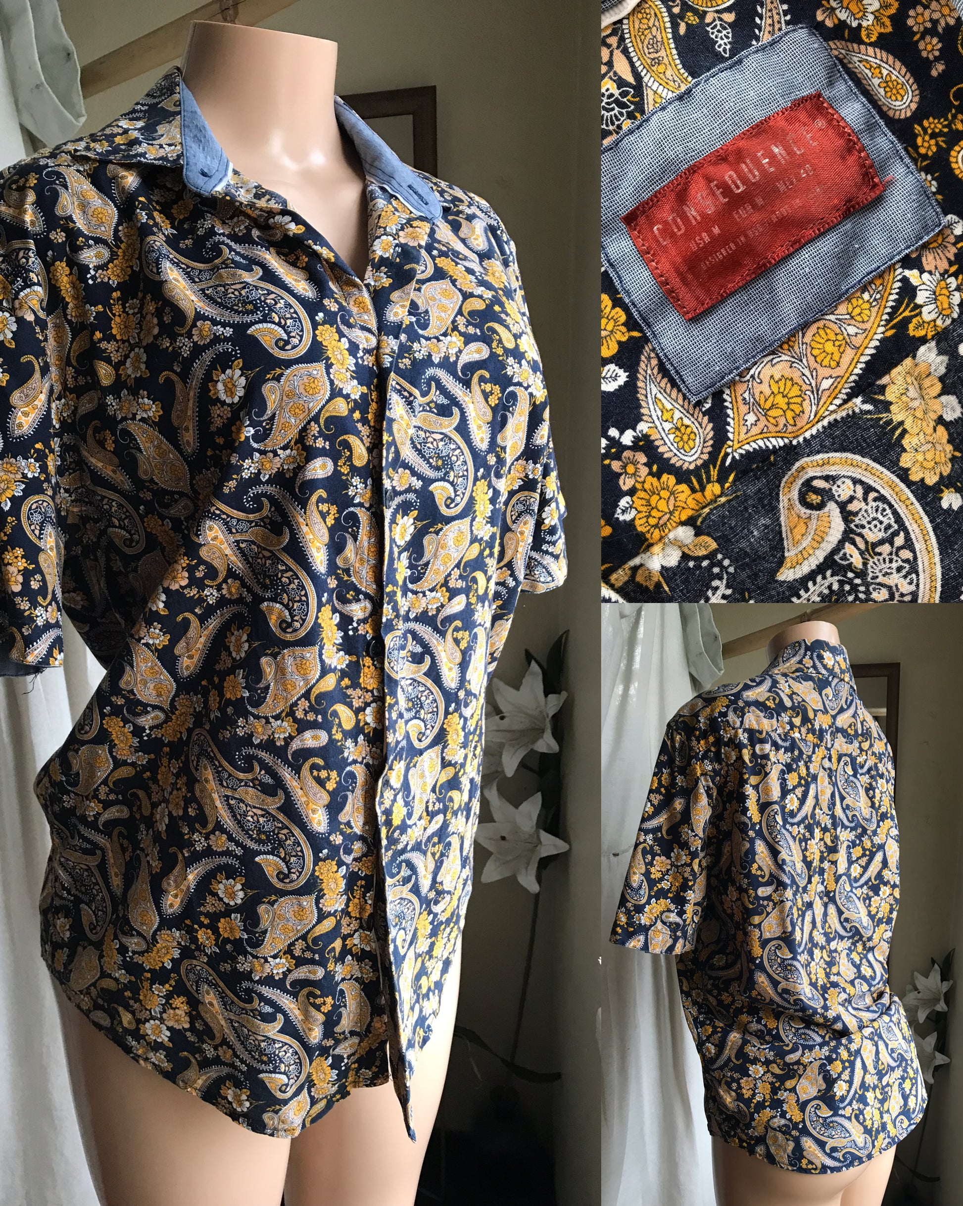 navy yellow cotton paisley print button shirt ...  mens m ,,,