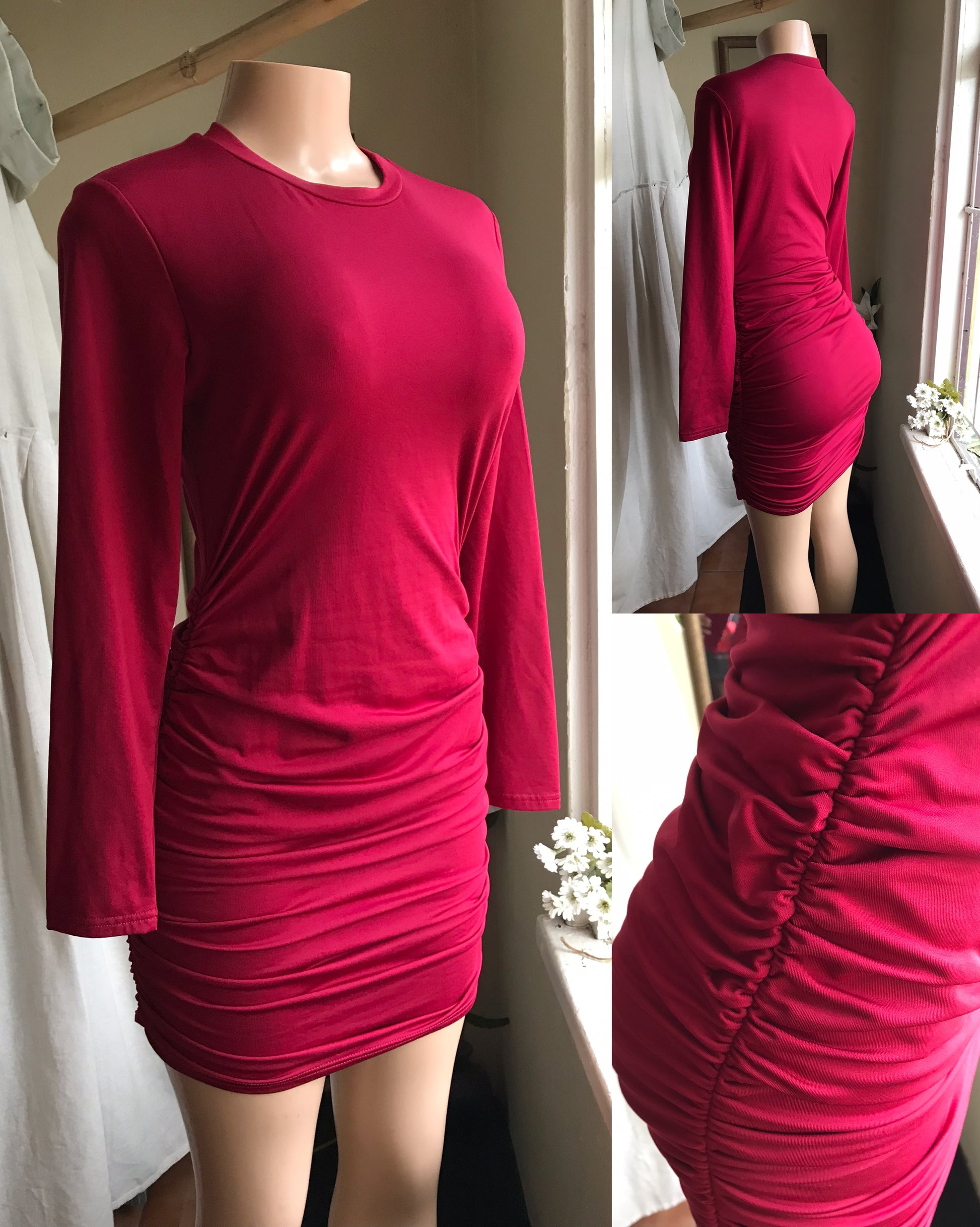 wine red ruche bodycon dress long sleeve . m