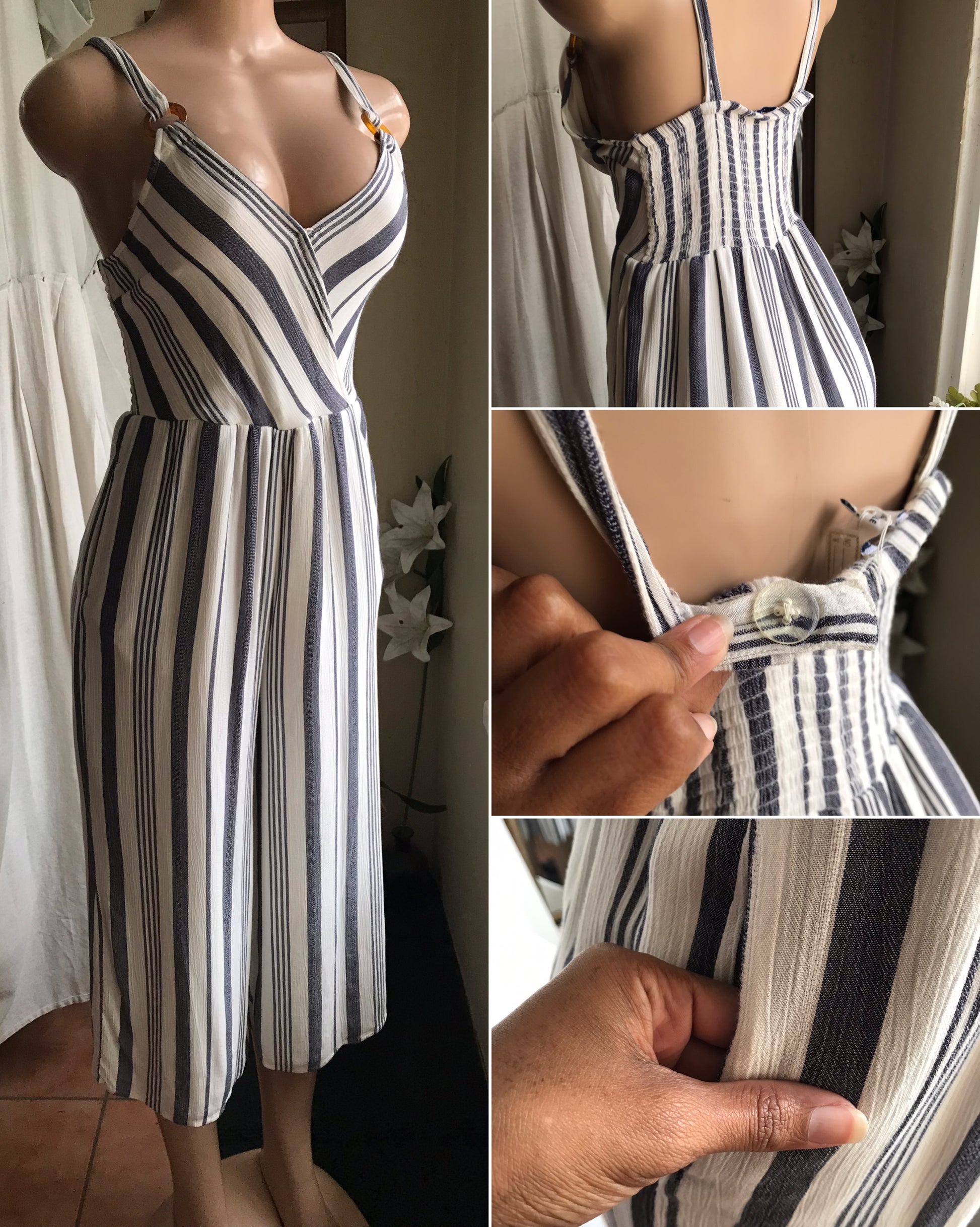 white navy stripe wide leg jumpsuit with pockets rayon ~~~ s