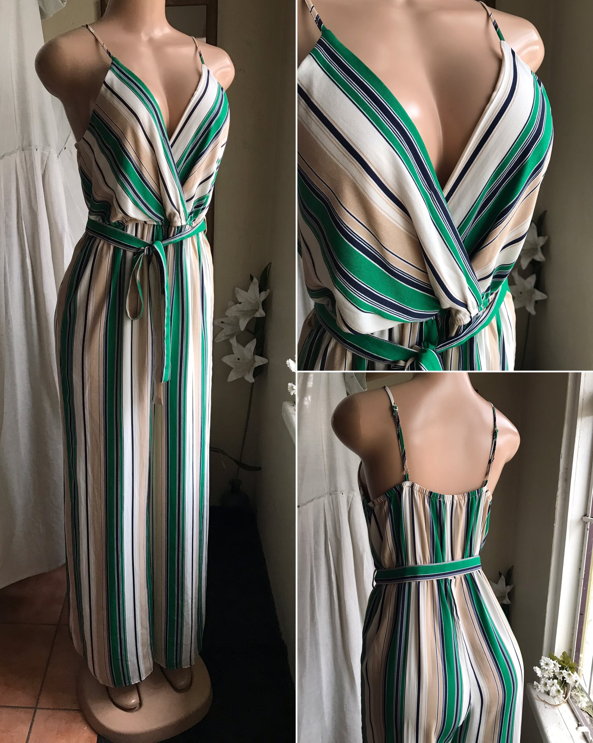 white green stripe wide leg jumpsuit silky spaghetti ~~~ large