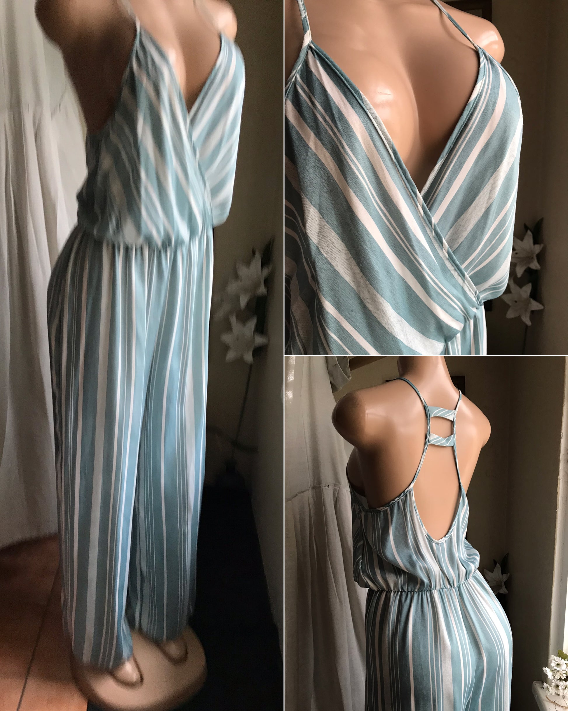 powder blue stripe wide leg jumpsuit soft spaghetti ~~~ large