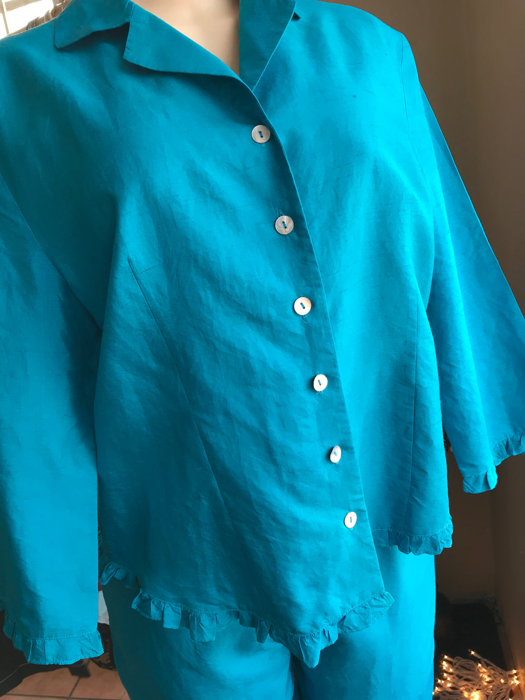 100% Silk coral blue pants blazer set s