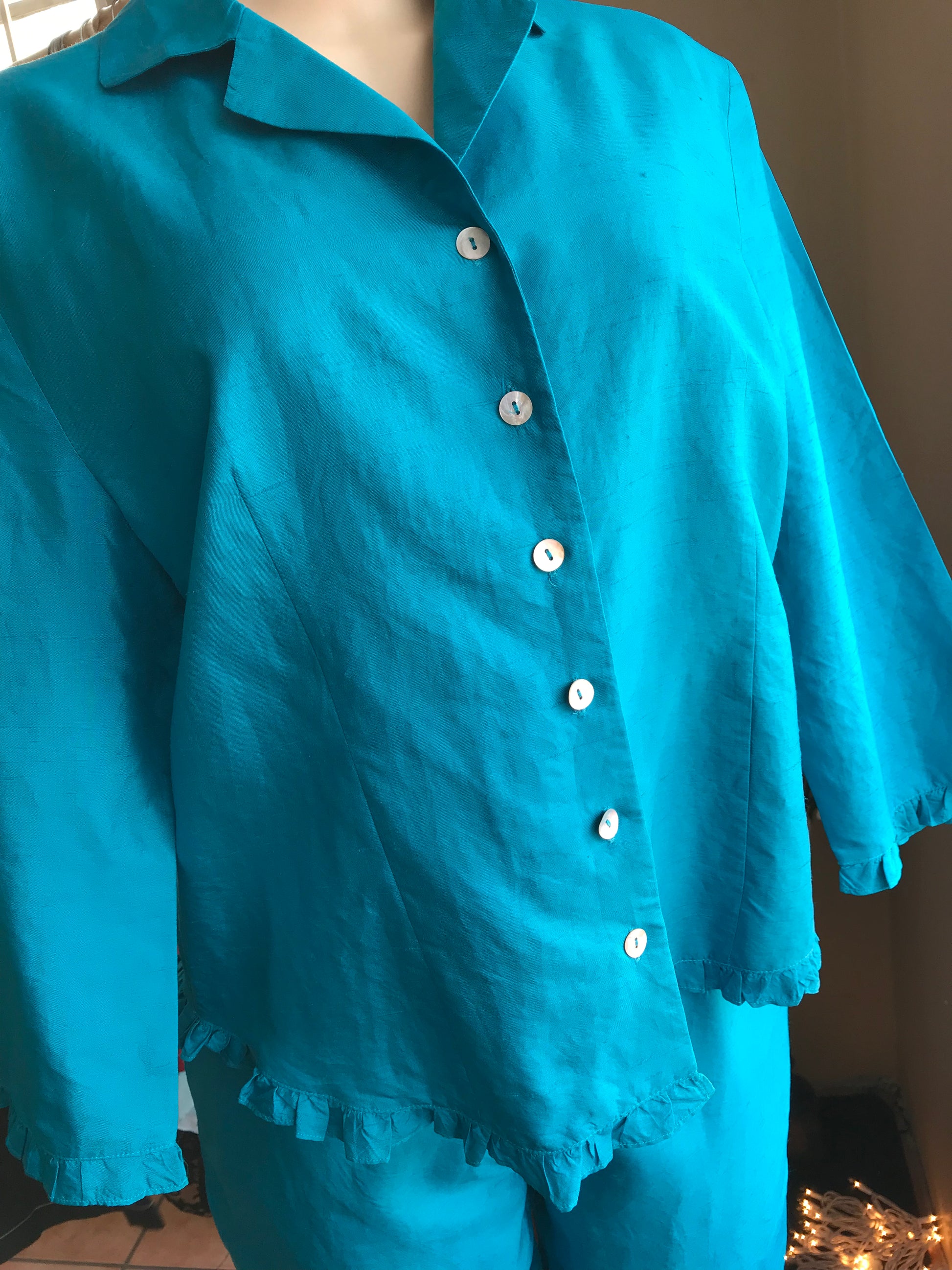 100% Silk coral blue pants blazer set s