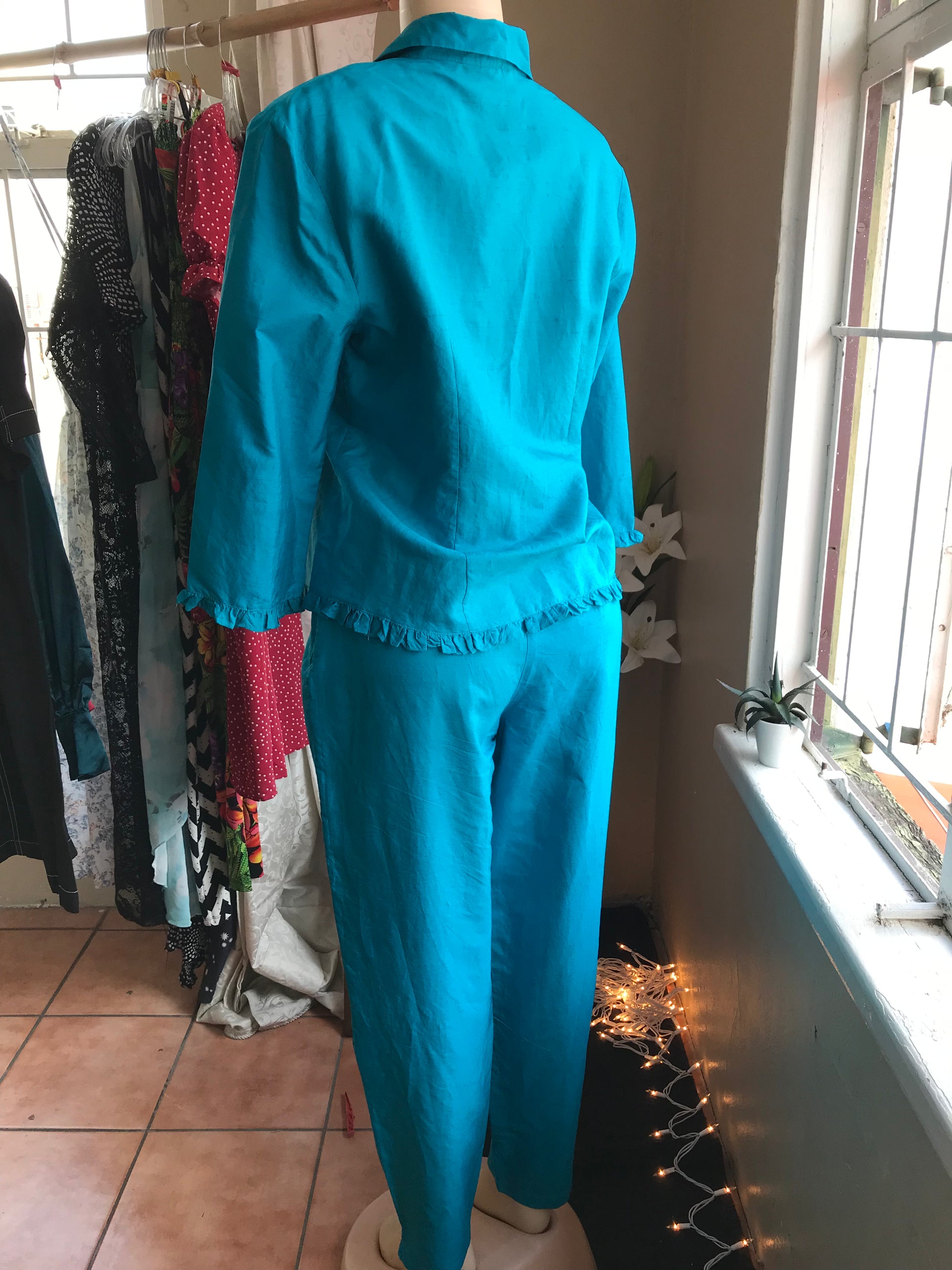 100% Silk coral blue pants blazer set s