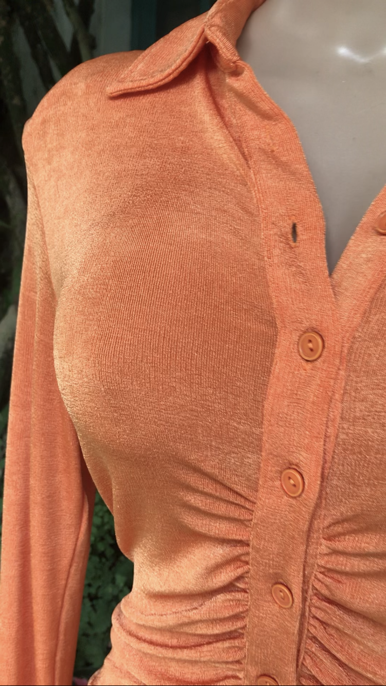 F Nova Orange ruche button shirt dress M