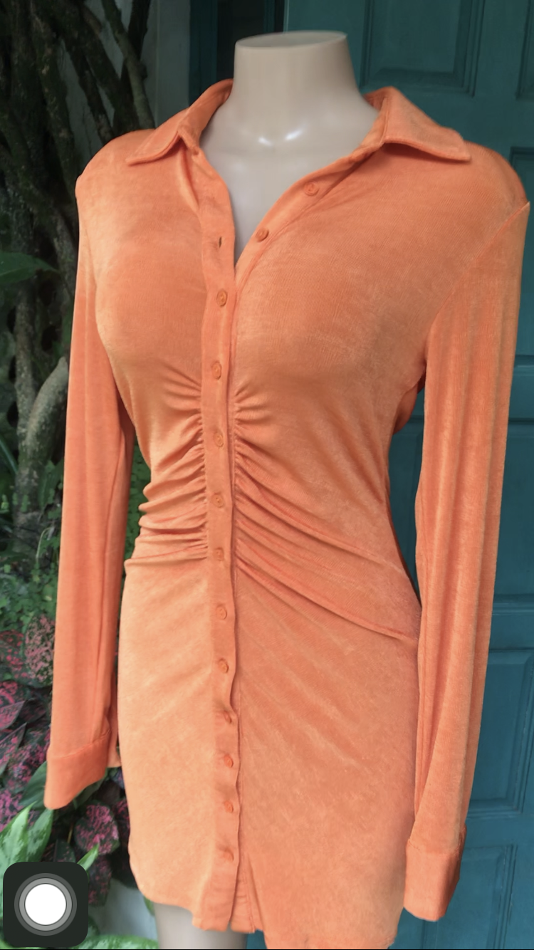 F Nova Orange ruche button shirt dress M