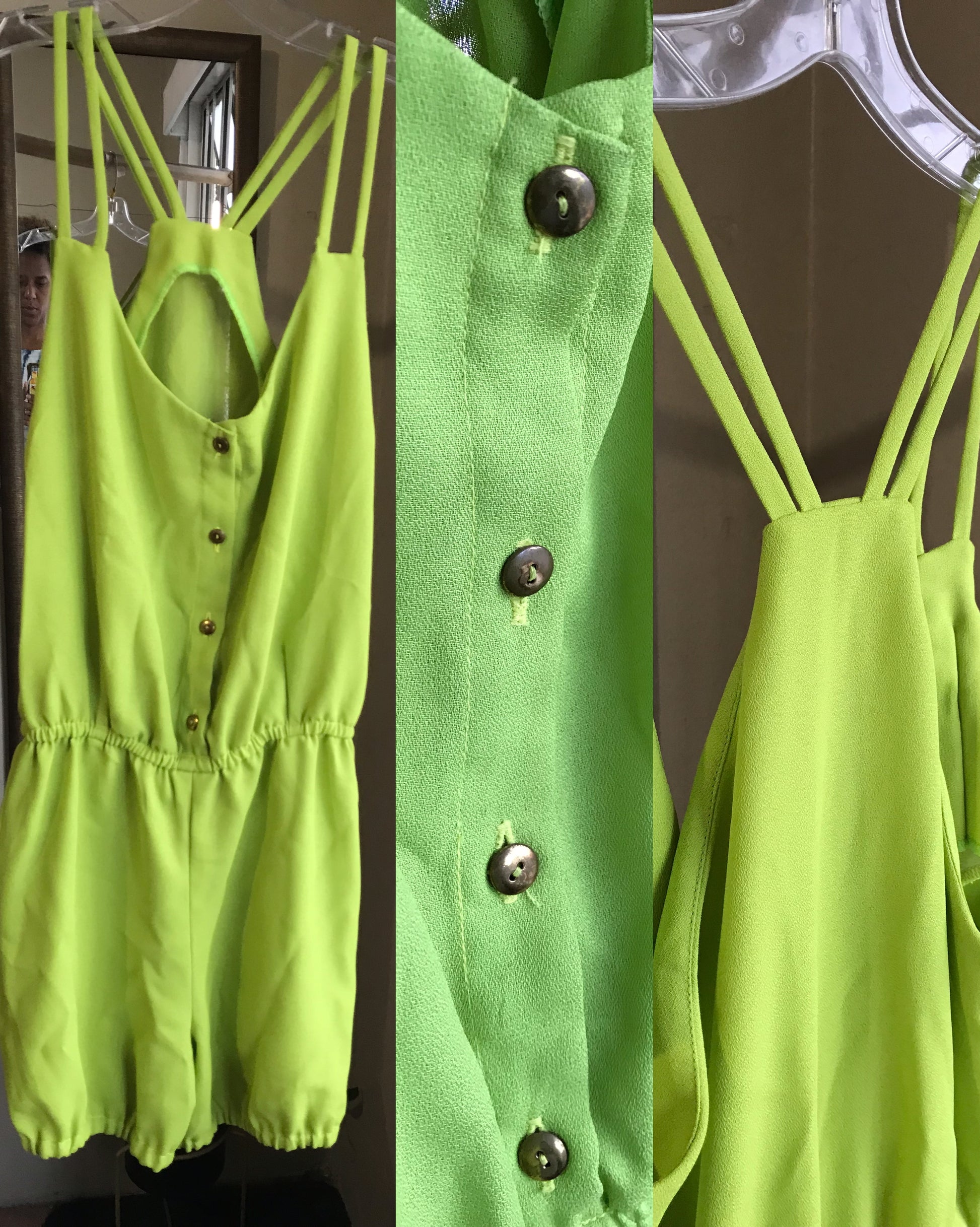 neon green halter back romper with buttons ~~~ M