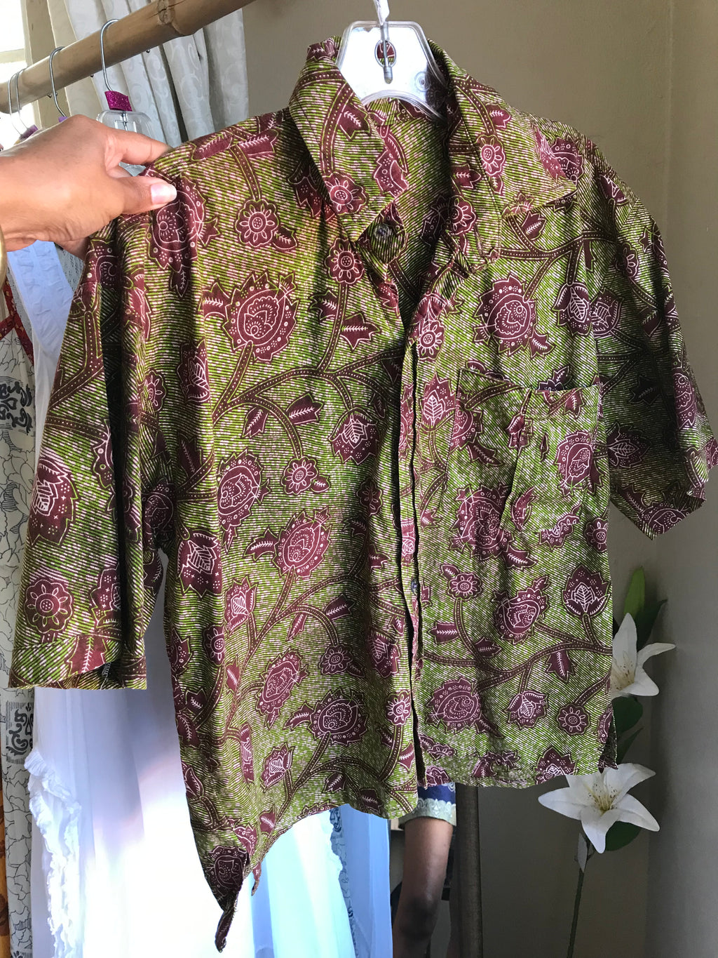 Green & brown mens cotton African Print shirt mens M