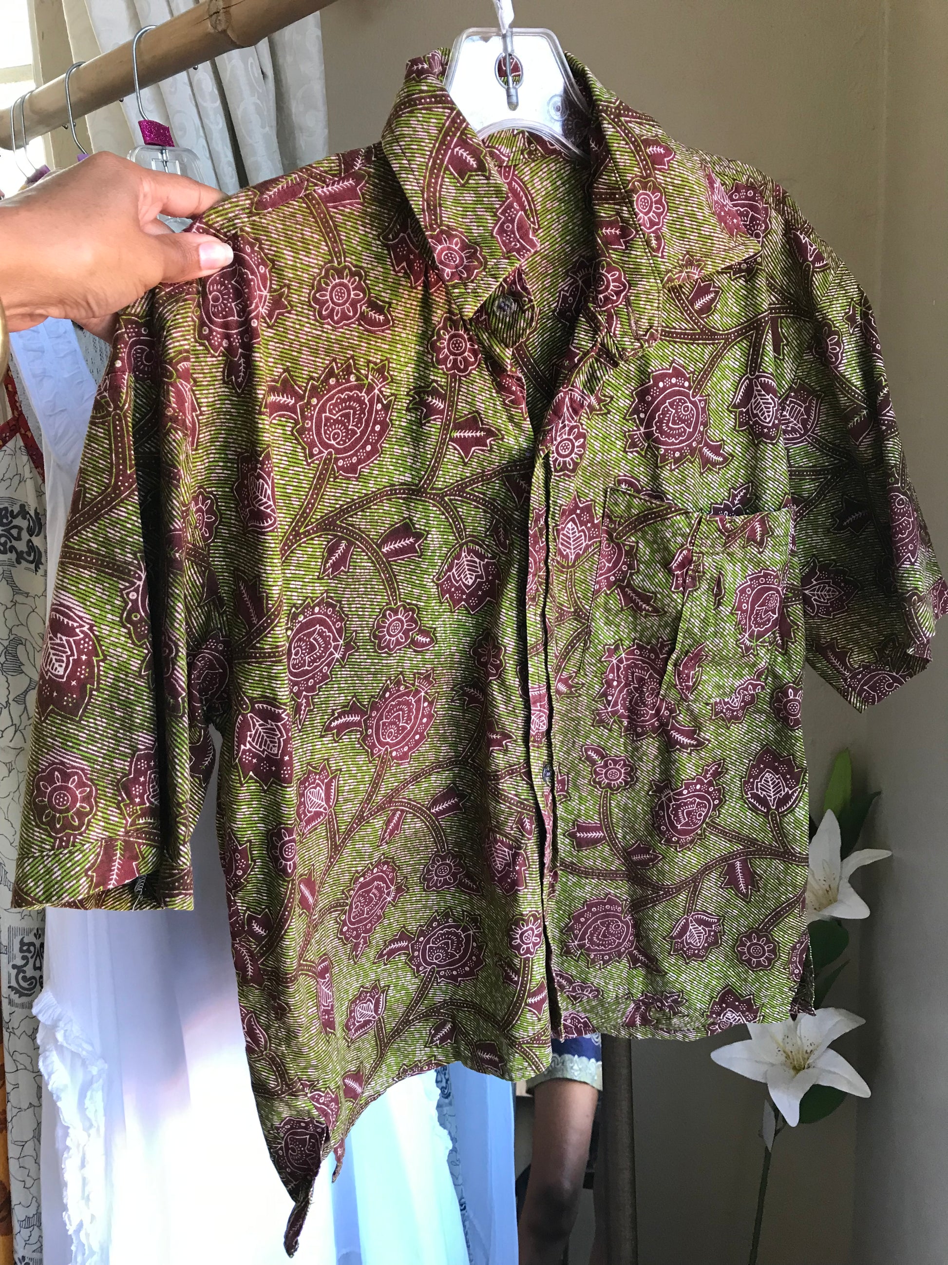 Green & brown mens cotton African Print shirt mens M