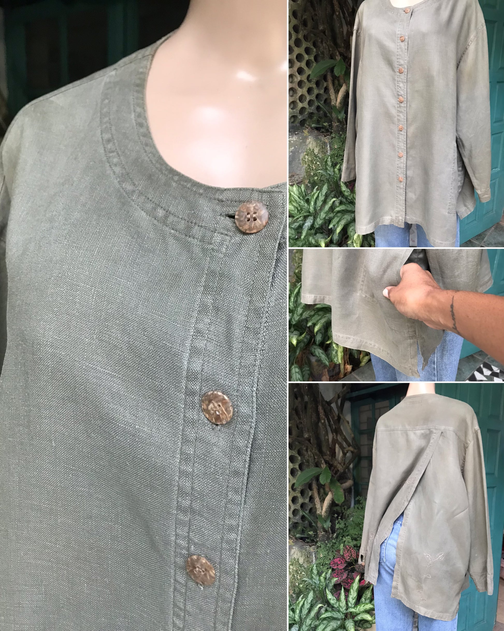 linen earth green long sleeve top vintage back split ... /xl ^^^ ,,,