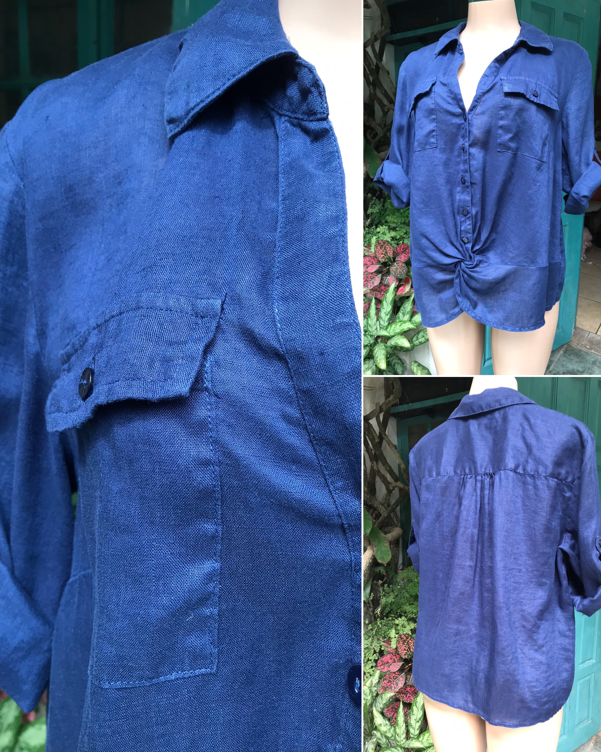linen navy blue front knot button blouse... /xl ,,,