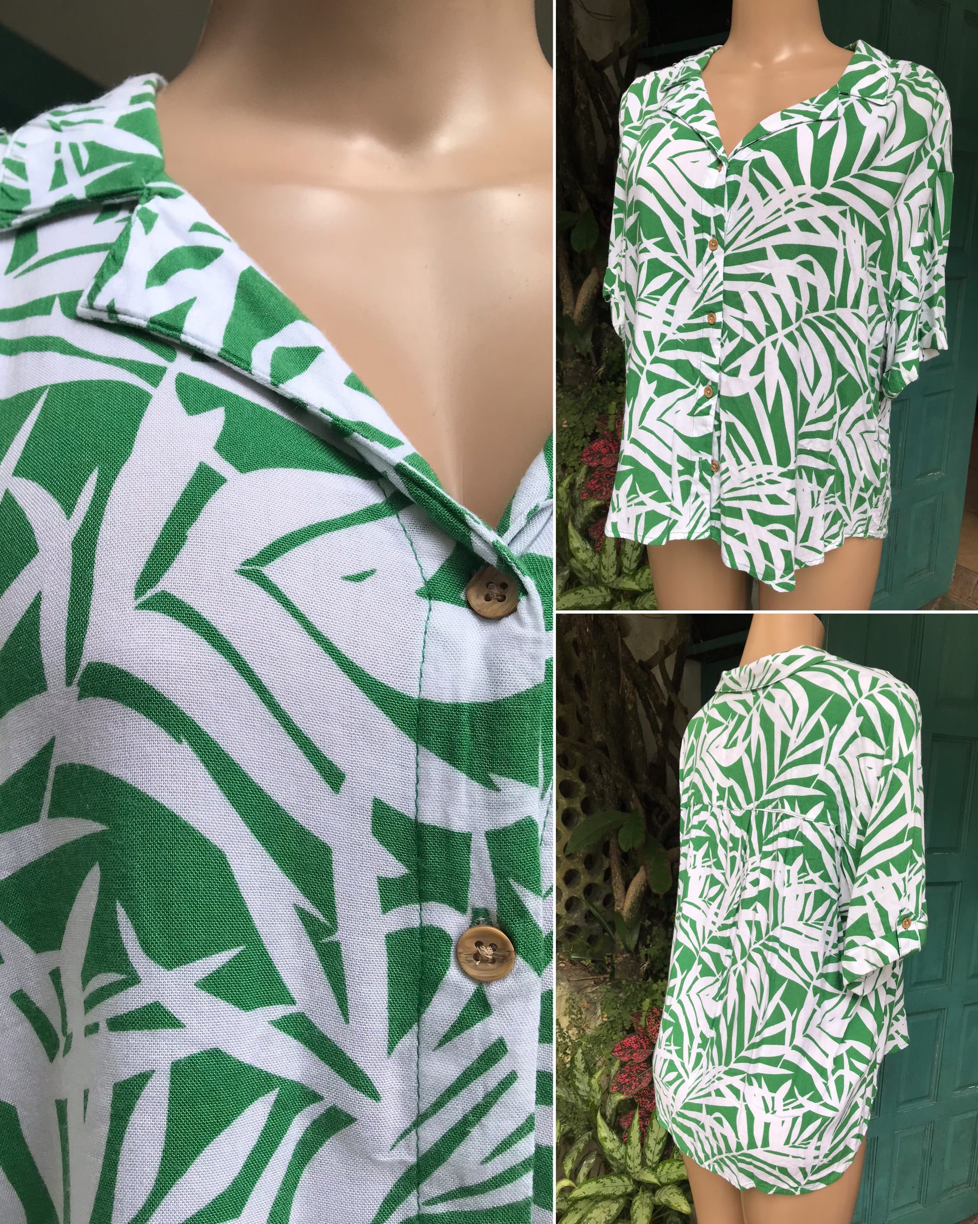 green white palm print button shirt semi organic L to /xl