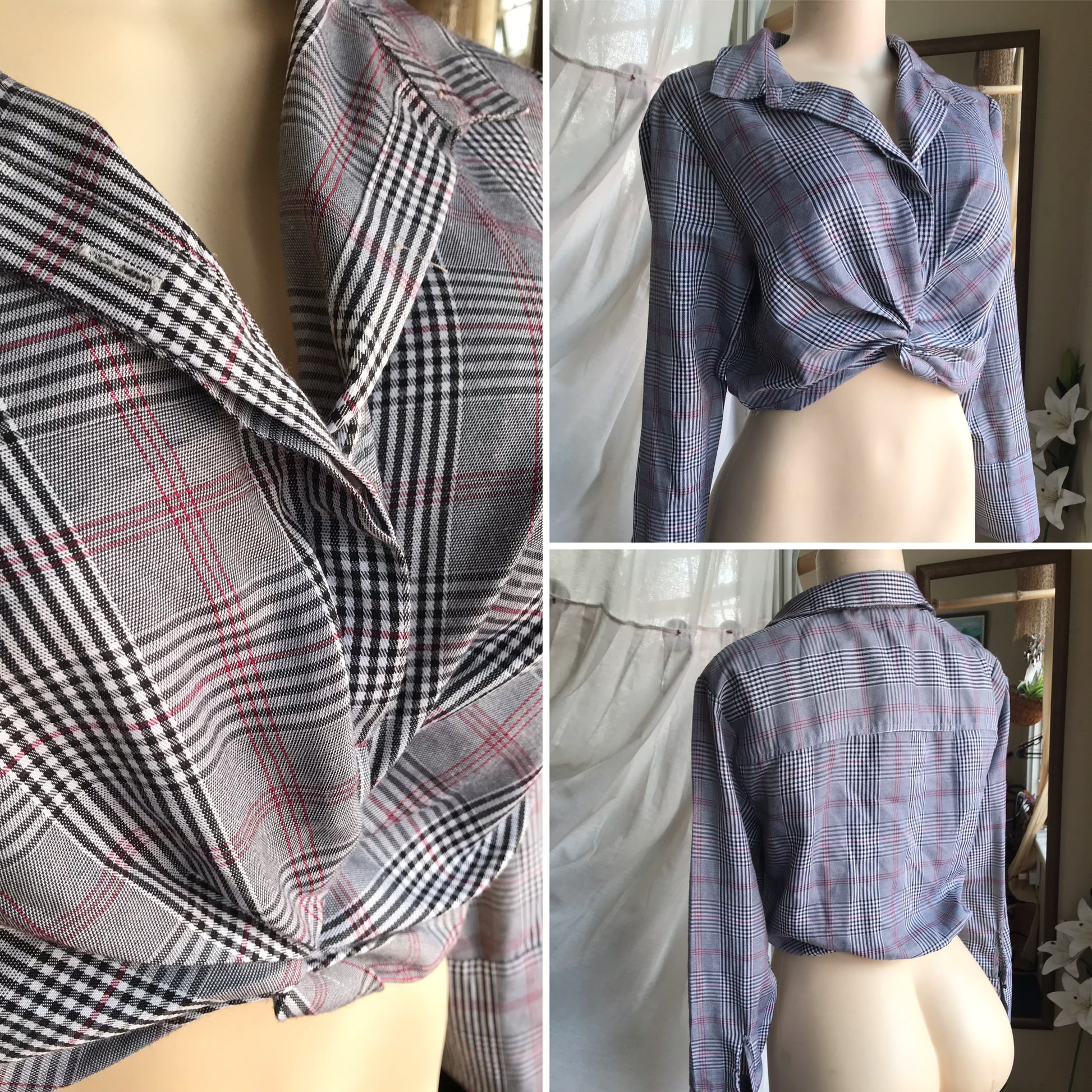 Front knot plaid blouse long sleeve... L