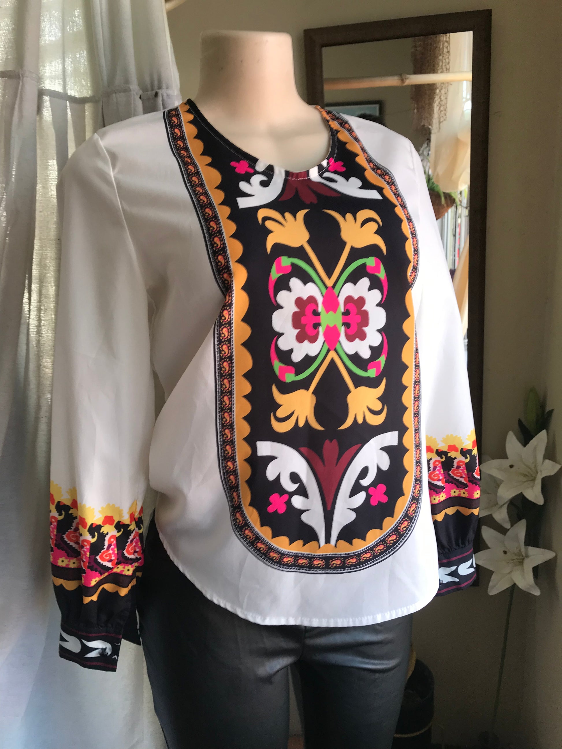 Bold floral sheer blouse white work / play... S