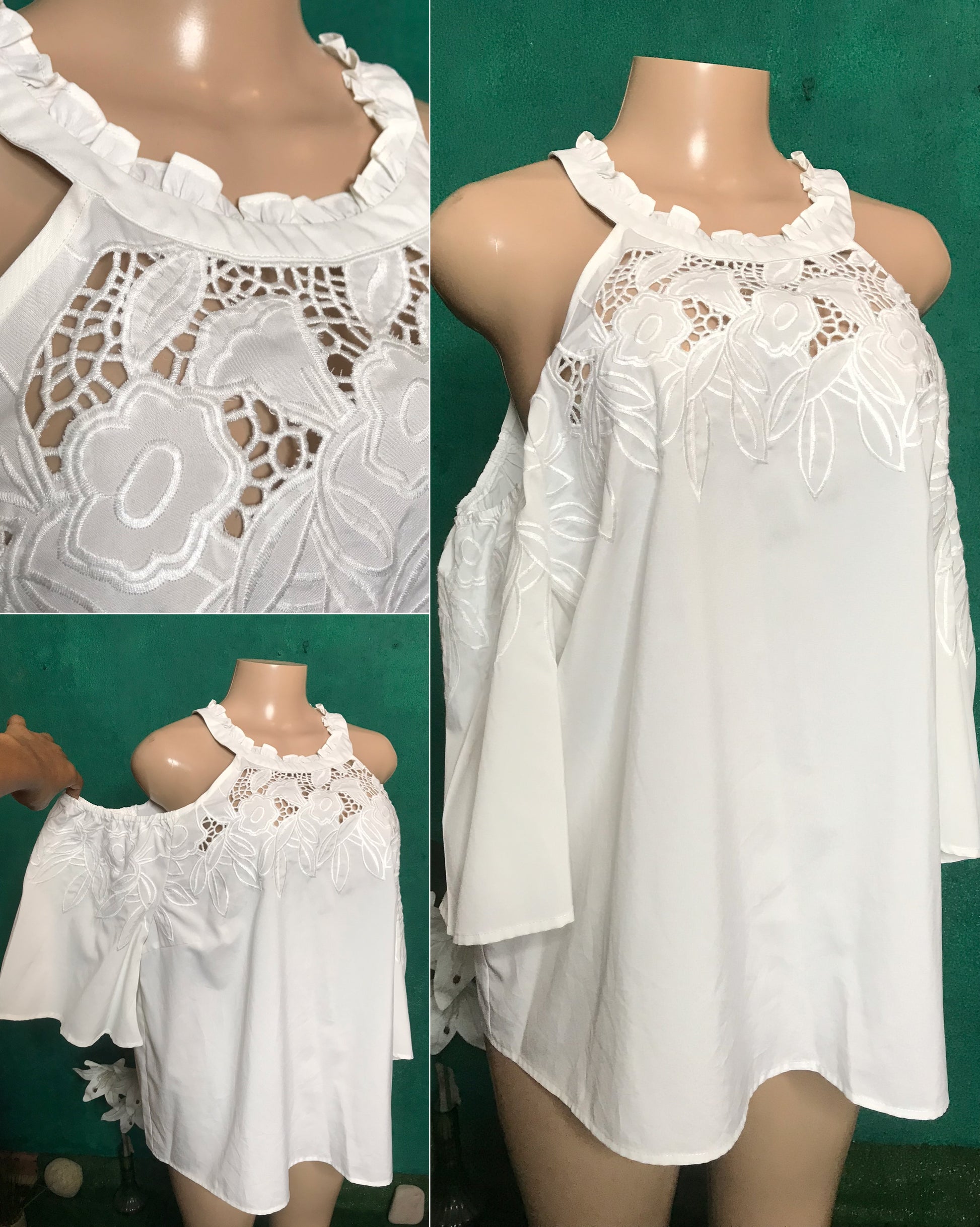 white cold shoulder embroidery eyelet blouse ... plus /XL