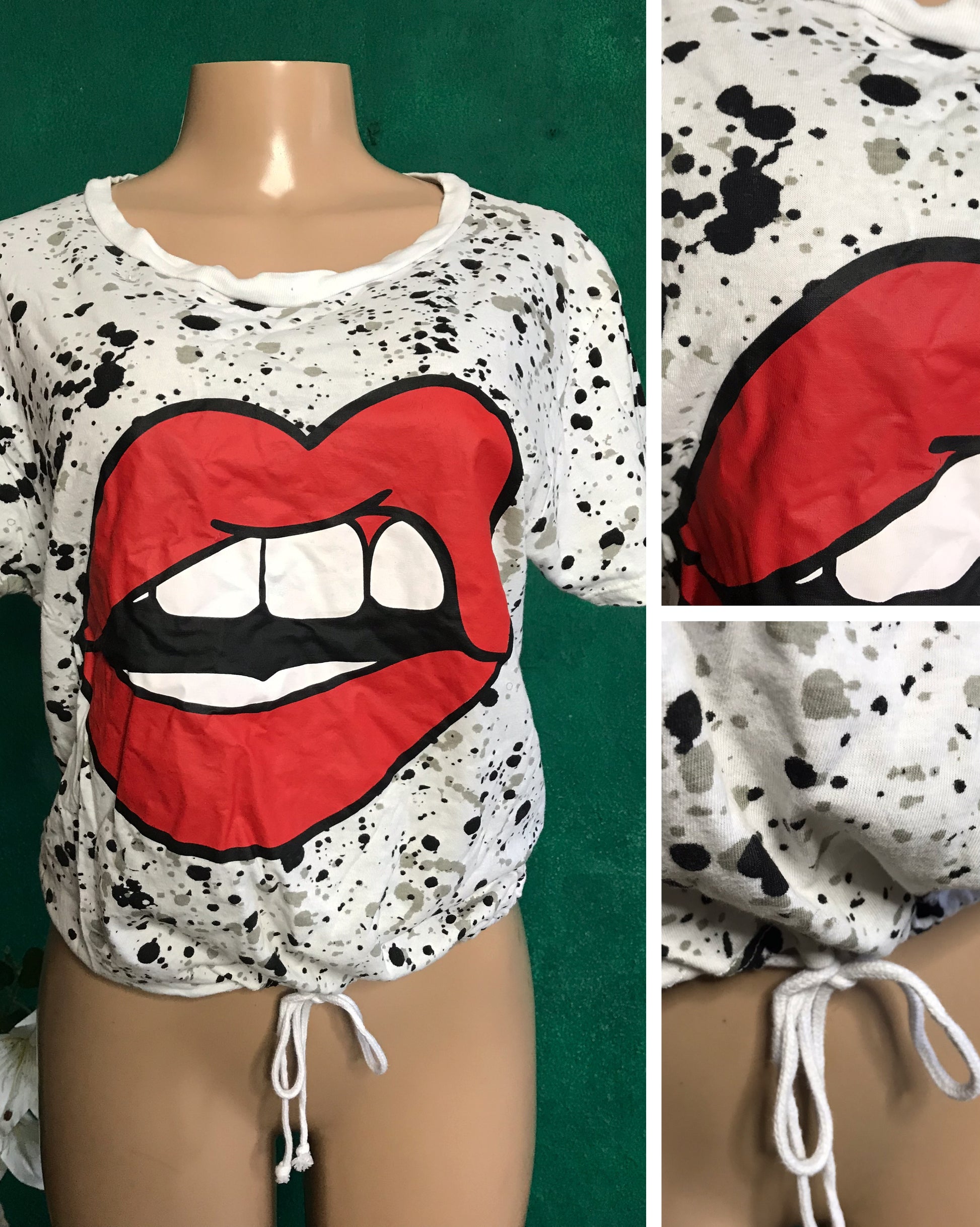 100% cotton white lips splatter graphic tee draw string ... plus /XL ;;; ,,,
