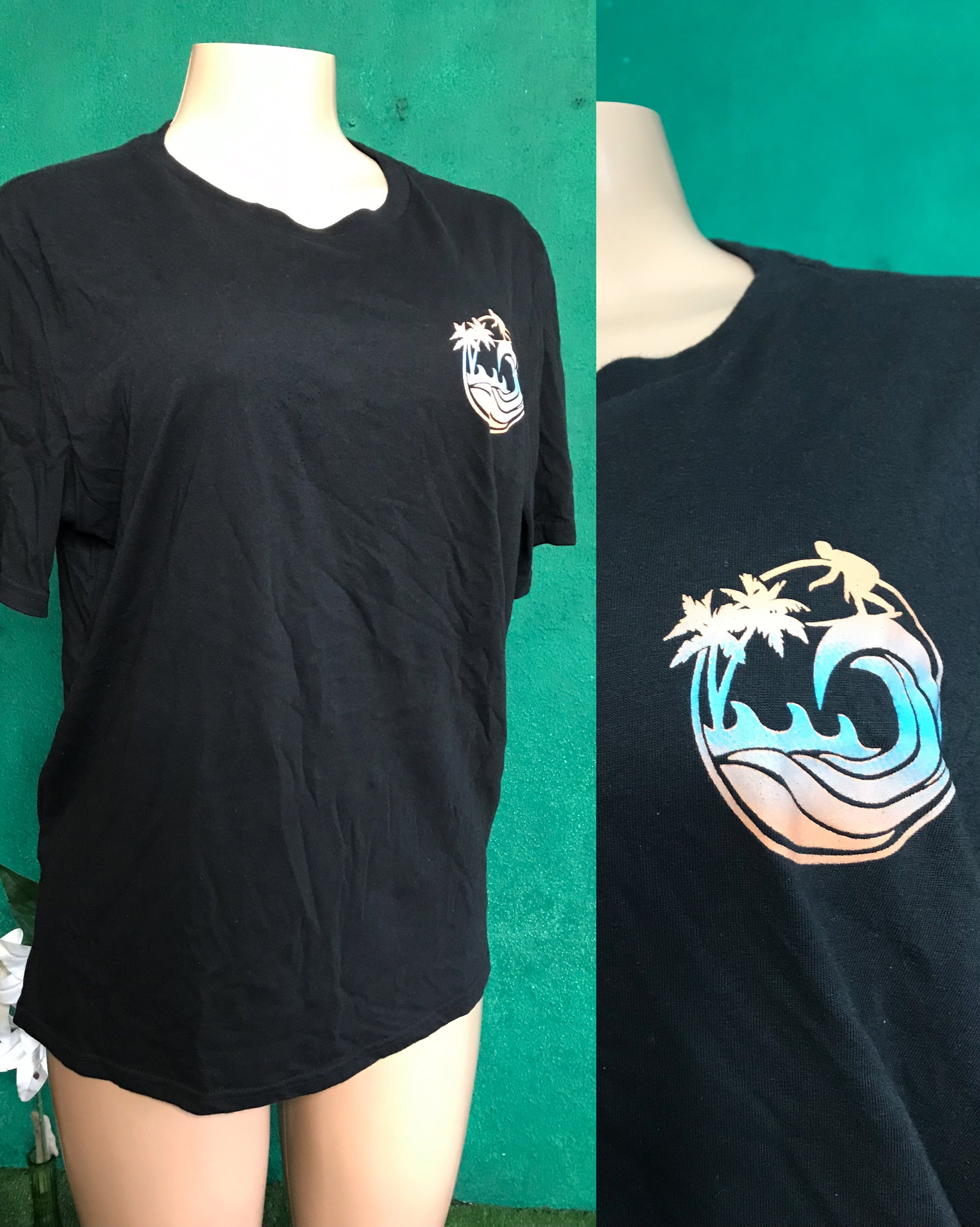 cotton blend black graphic tee wave palm emblem ... plus /XL ;;;