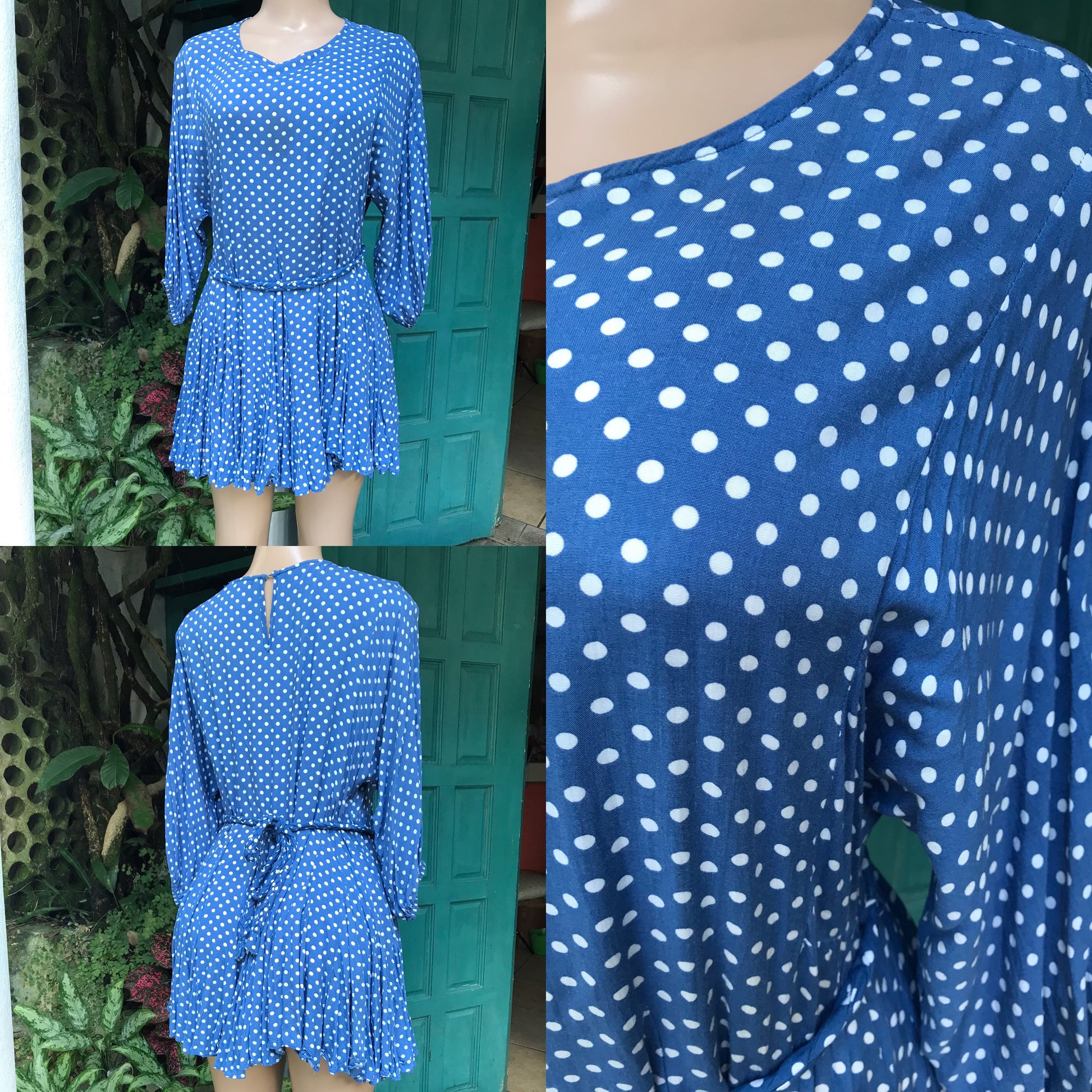 blue polka flare mini dress mid sleeve retro ^^^ m