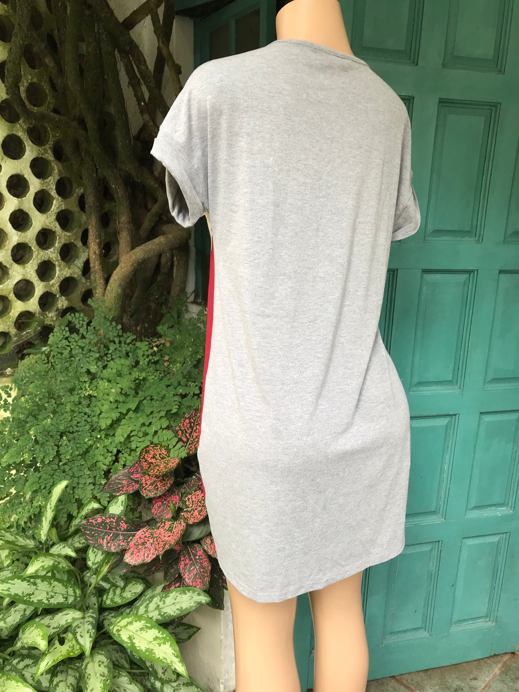 Colour block tee dress red grey ... L