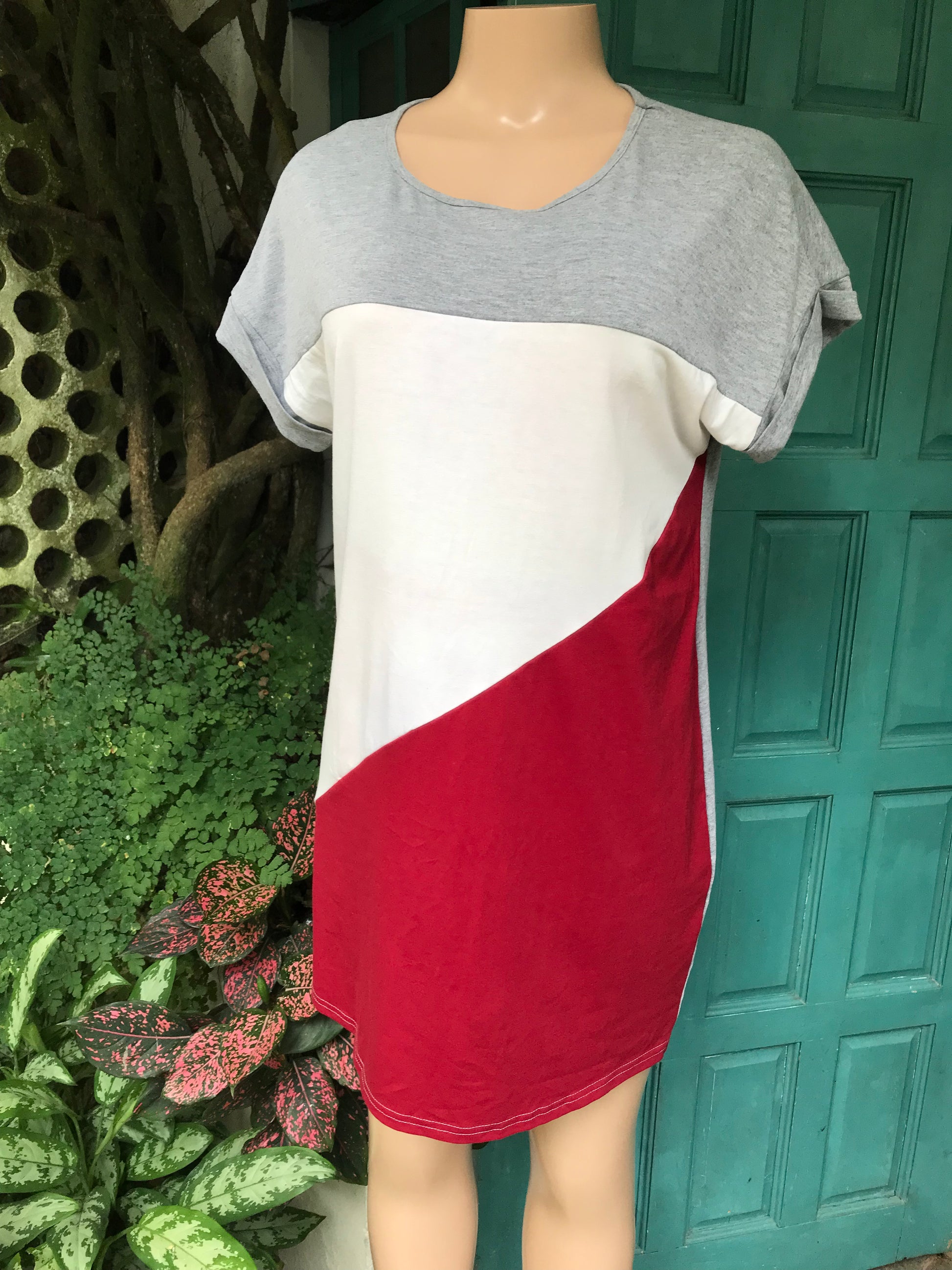 Colour block tee dress red grey ... L