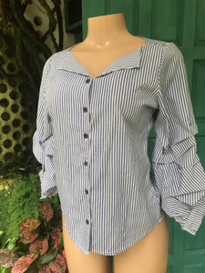 Navy stripe professional button blouse ruche sleeve... s