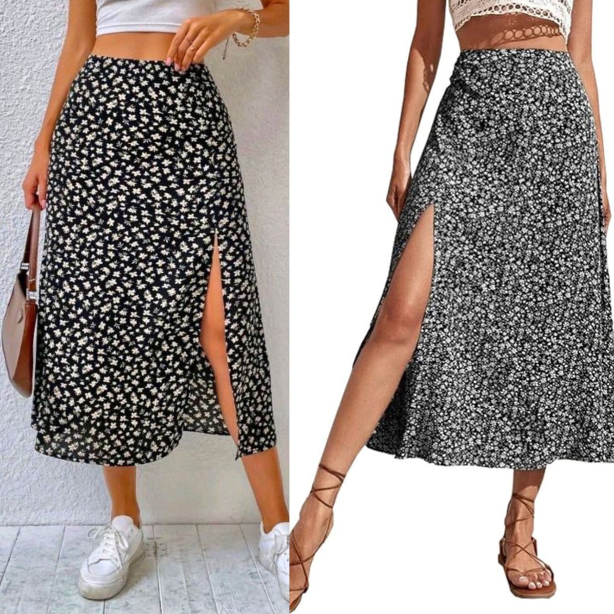 vacay Black ditzy floral midi skirt high waist front split . L
