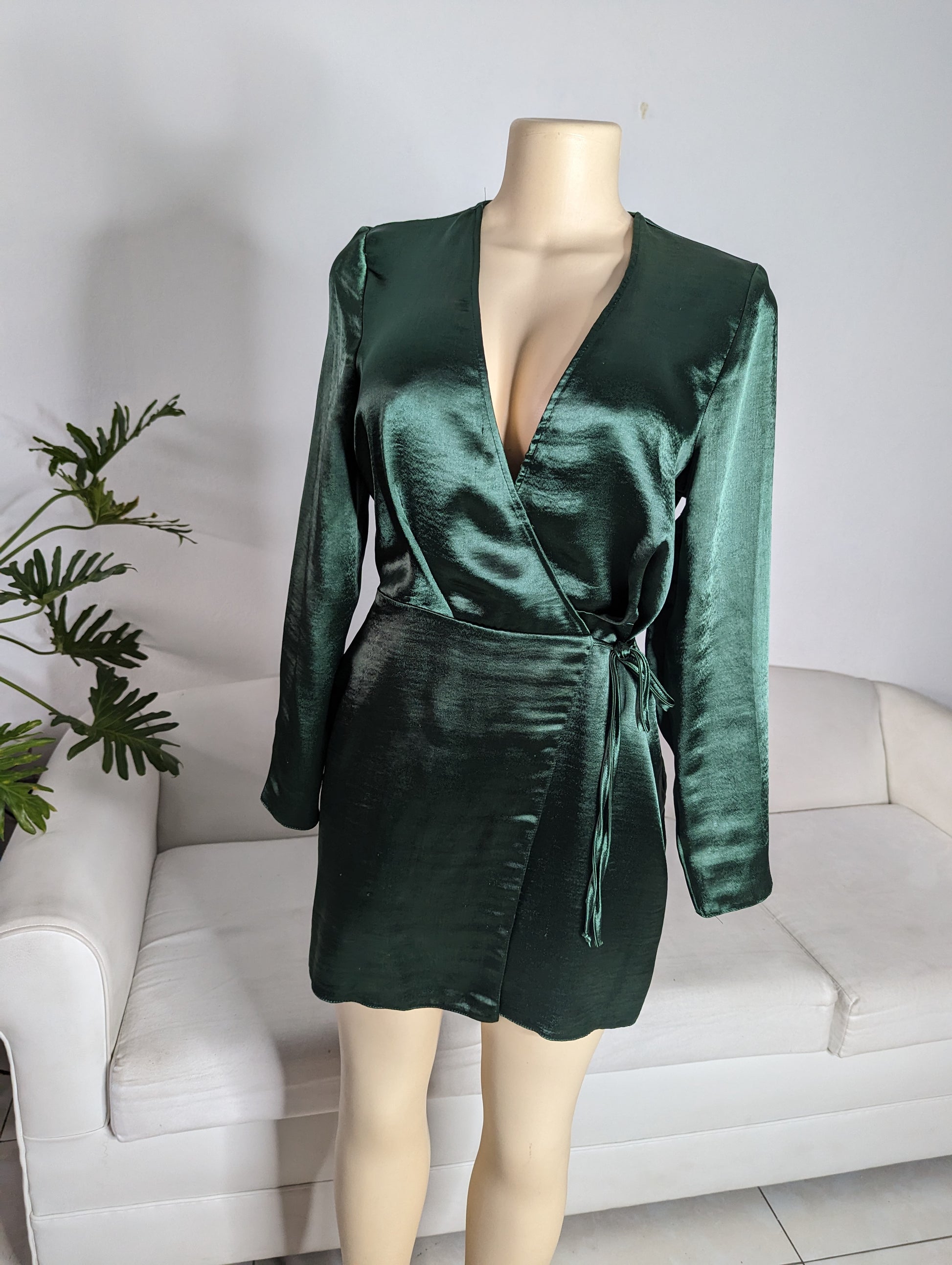 ASOS Emerald green silky date night dress long sleeve S