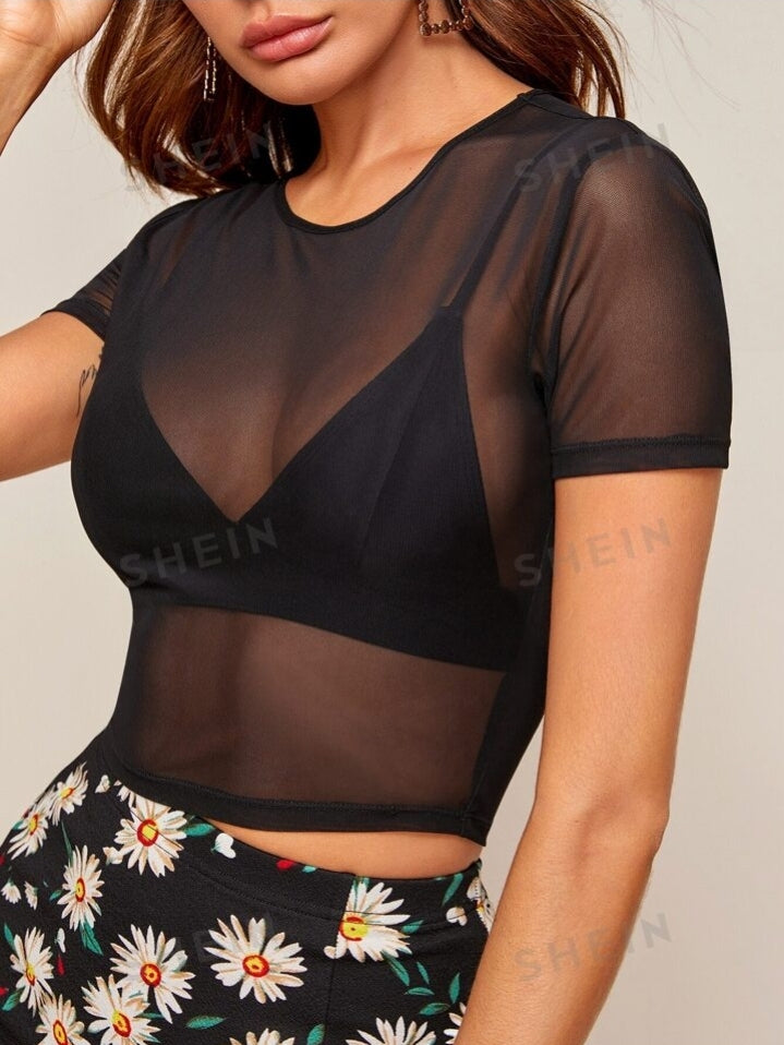 BAE cropped Solid Sheer Mesh Top Without Bra... M