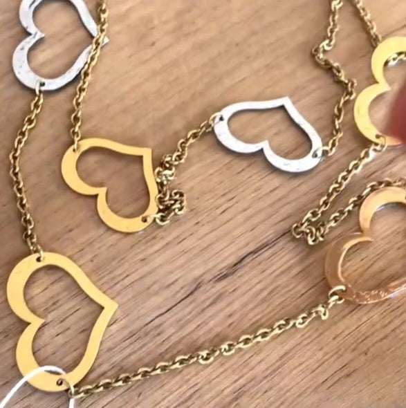 Stainless steel long hearts necklace 2 tier *** gold and silver