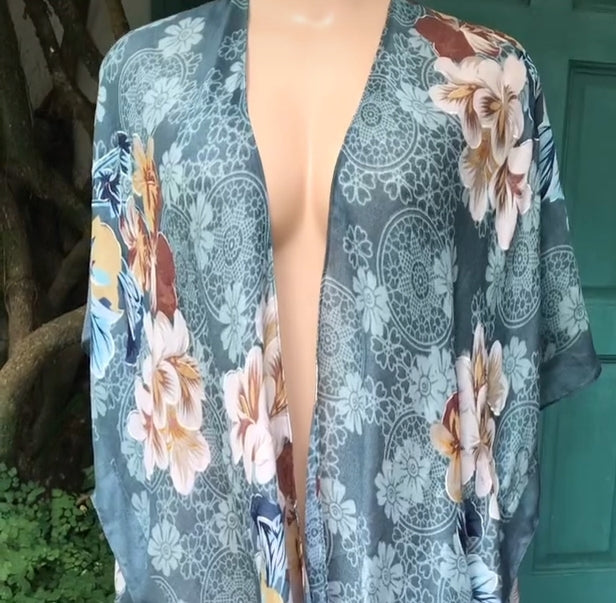 Teal floral fringe kaftan one size