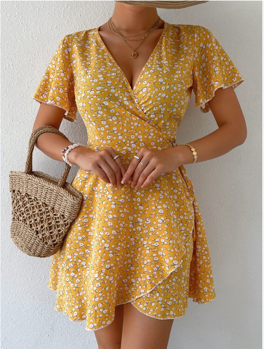 yellow wrap dress ditzy floral .  L