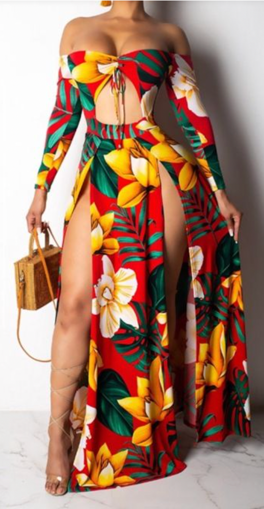 Red cutout slit maxi dress tropical  plus/ XL