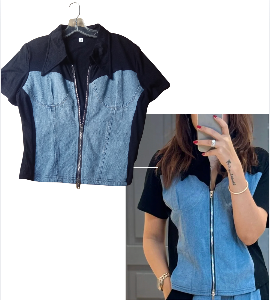 Denim n Black zip top corset layered look ... L