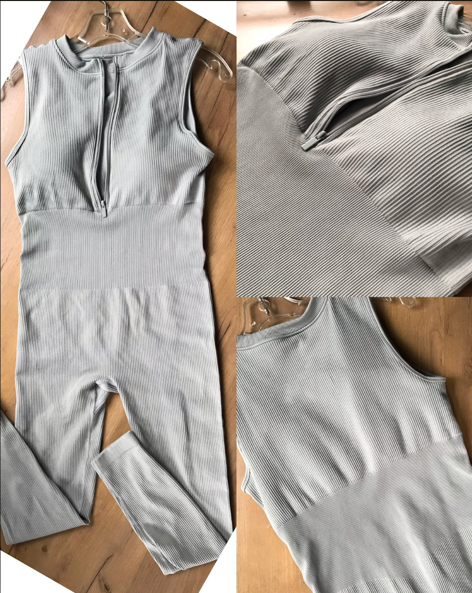 Grey zip exercise/fashion jumpsuit with padded bra like new ~~~ L