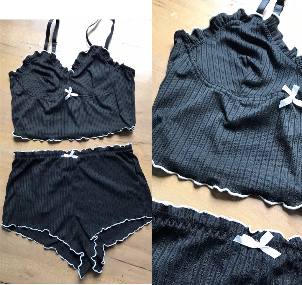 New Black White Trim Lettuce Cut Sleep Set Spaghetti ... M