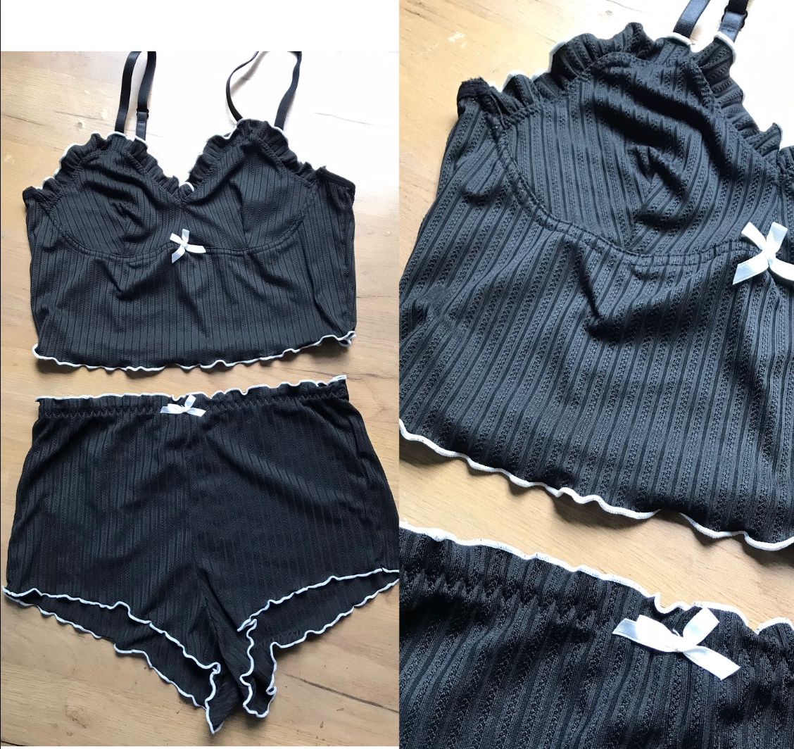 New Black White Trim Lettuce Cut Sleep Set Spaghetti ... M