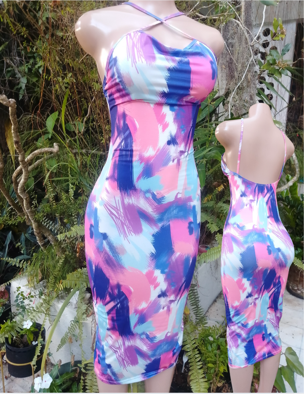 multicolour brush stroke semi formal dress .