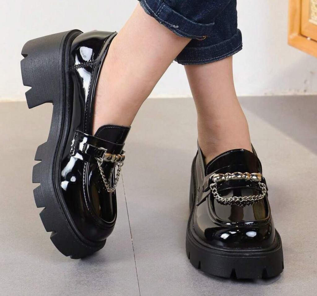new platform silver chain shiny loafer shoe black  /// size 8