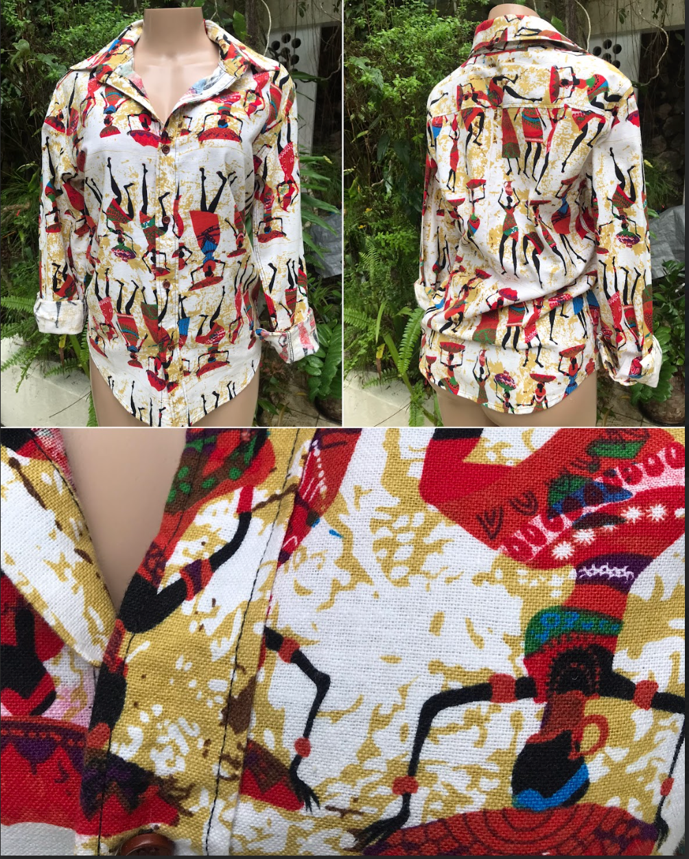 vintage linen african lady print button shirt ... M/L ^^^