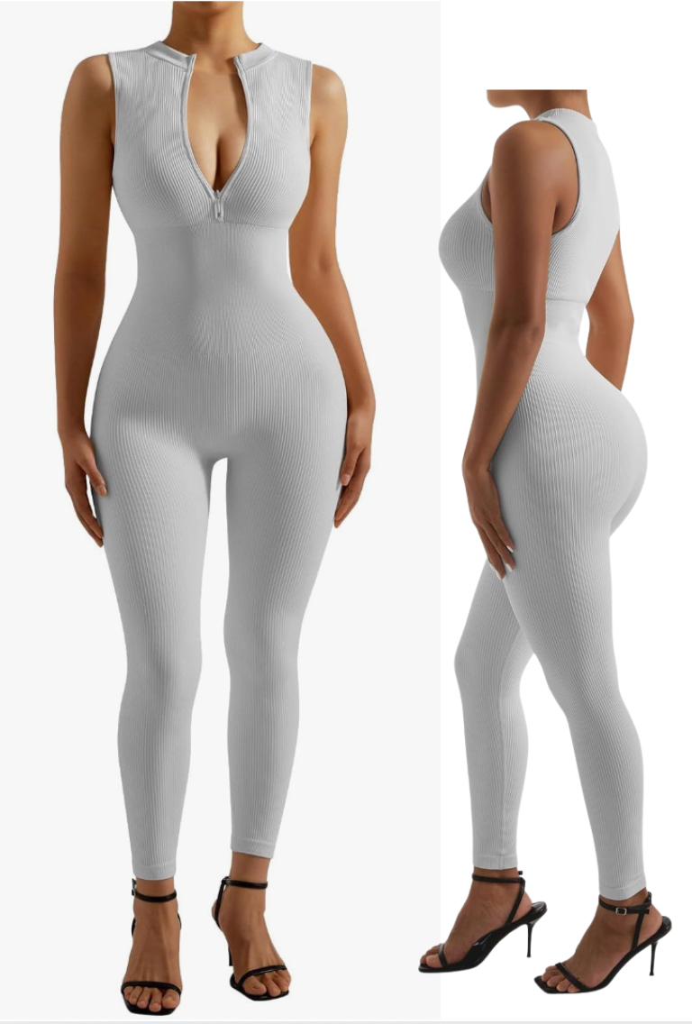 Grey zip exercise/fashion jumpsuit with padded bra like new ~~~ L