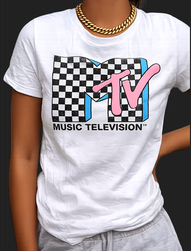 MTV vintage white graphic tee ;;; cotton ...  plus : 2X ,,,