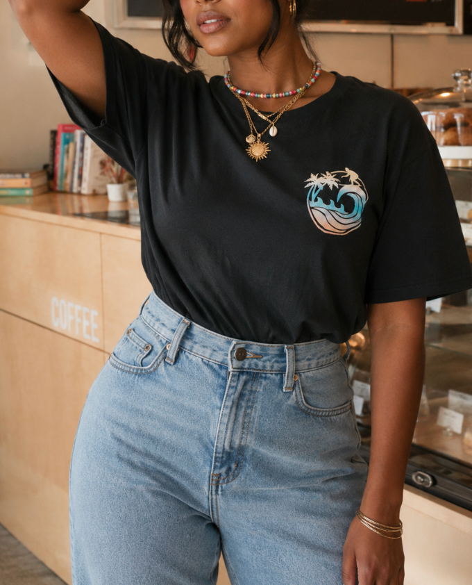 cotton blend black graphic tee wave palm emblem ... large to plus /XL ;;;