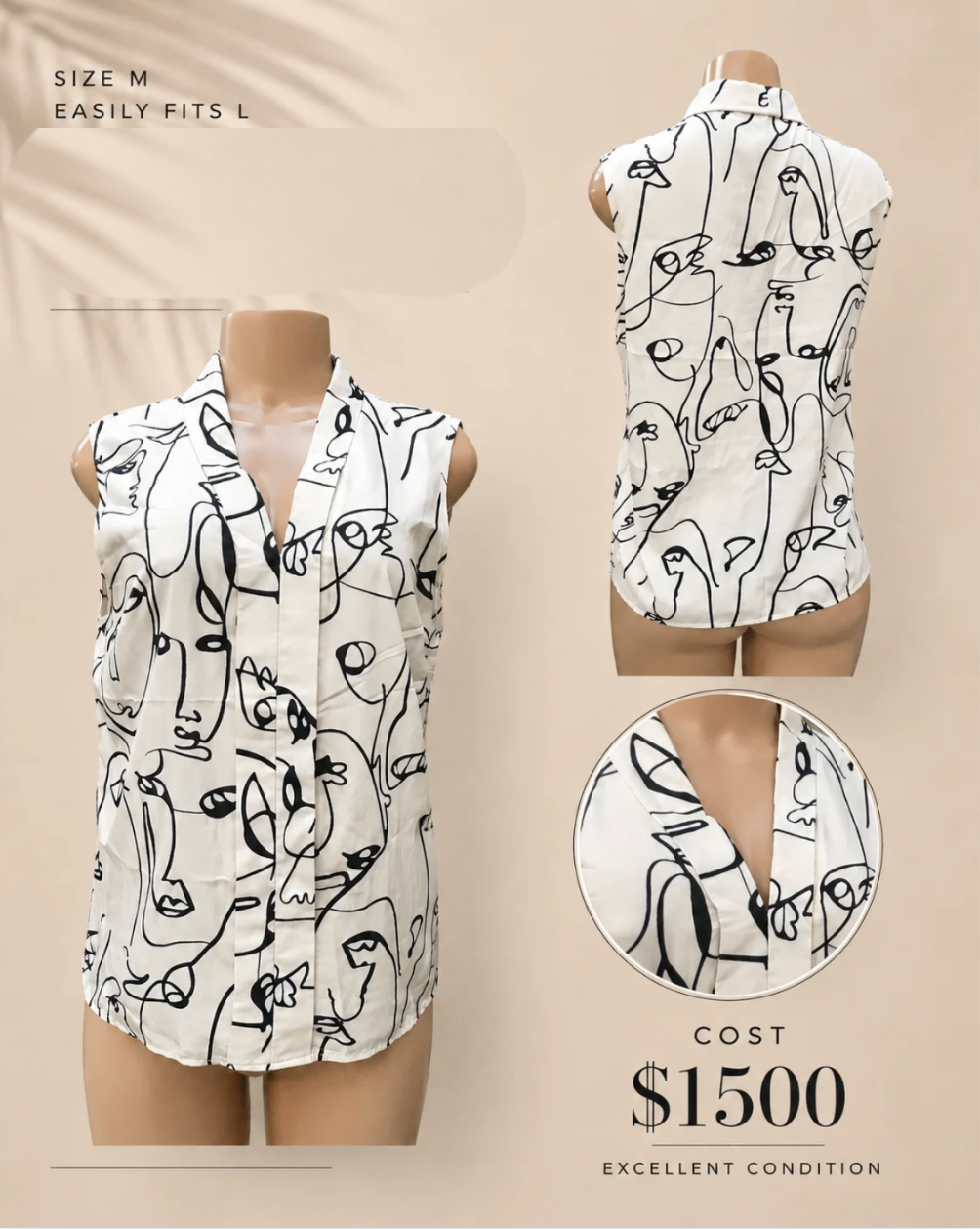 abstract faces sleeveless professional blouse ... M to L