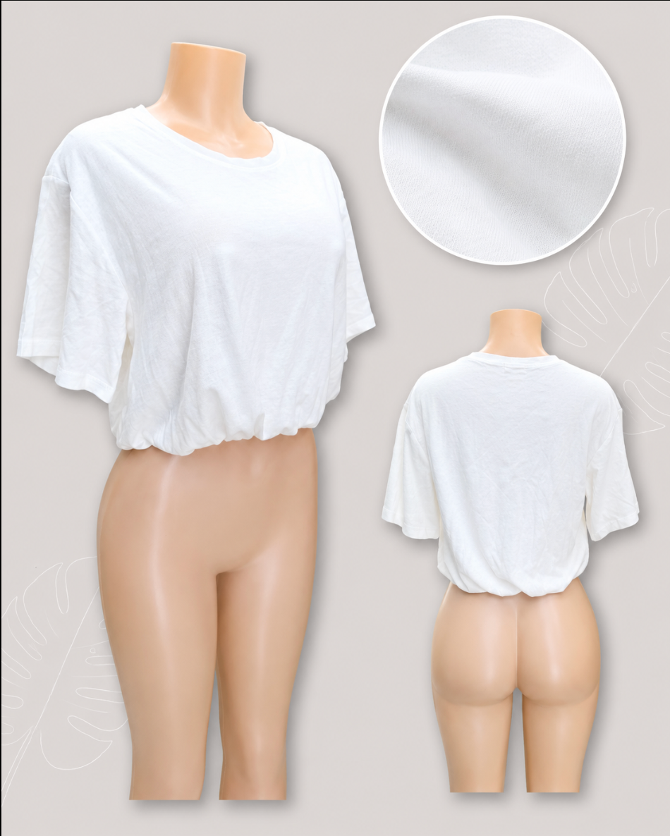 white cropped pumpkin bottom blouse tee... large ,,, cotton blend