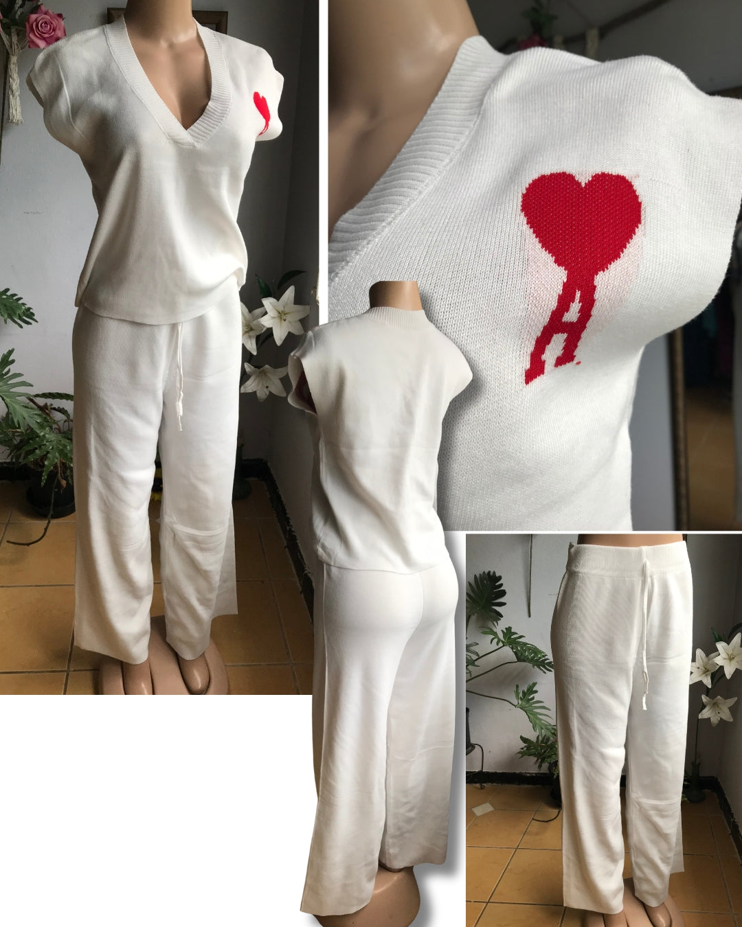 like new white knit varsity pants set heart ::: large to plus