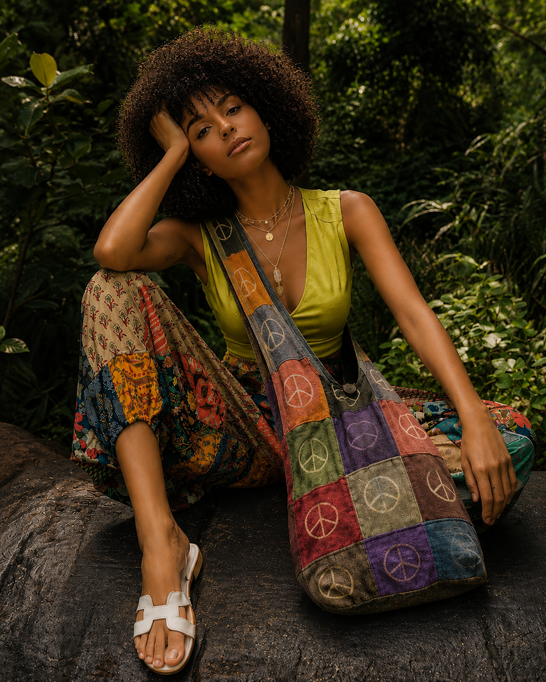hobo crossbody bag peace sign print woodstock *** organic ,,,
