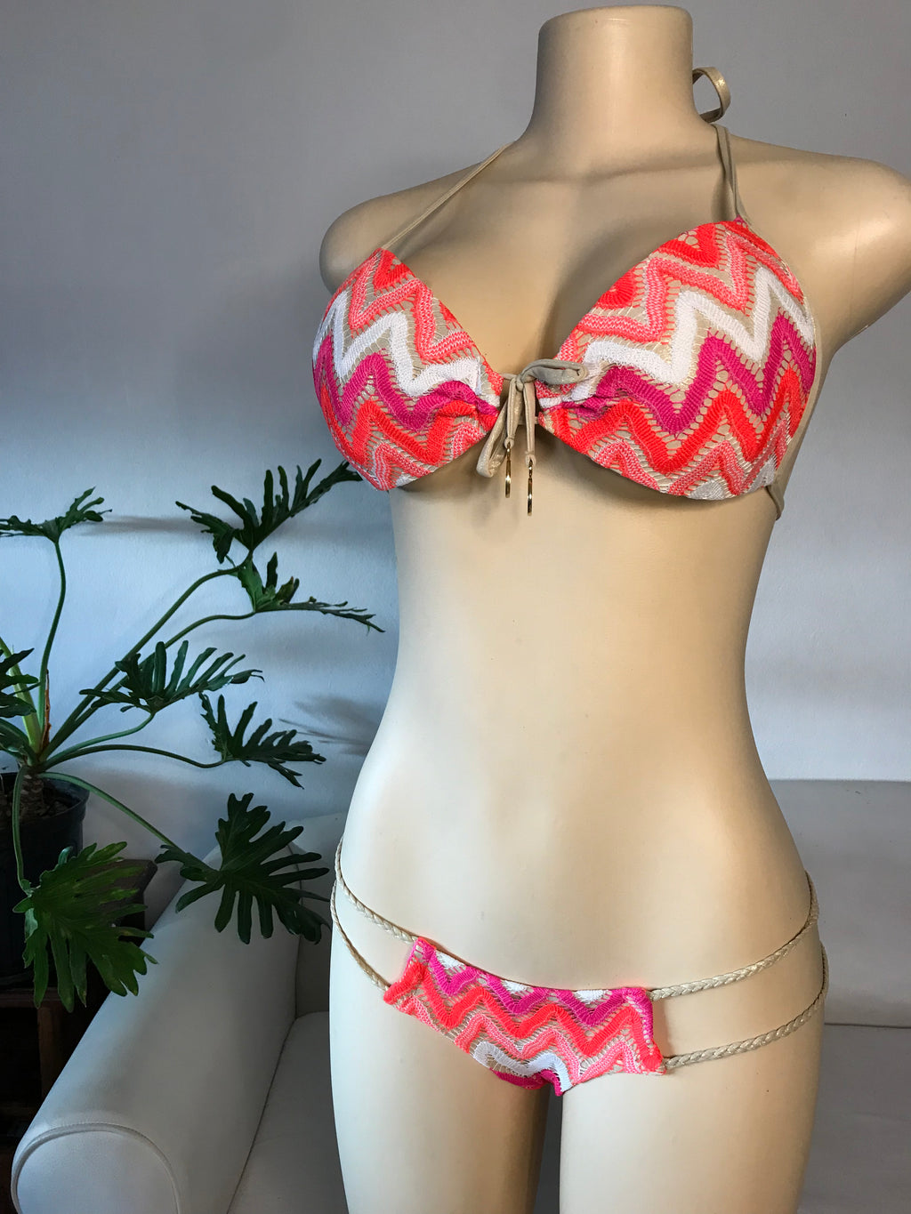 Neon Crochet Bikini Set Padded Gold String S
