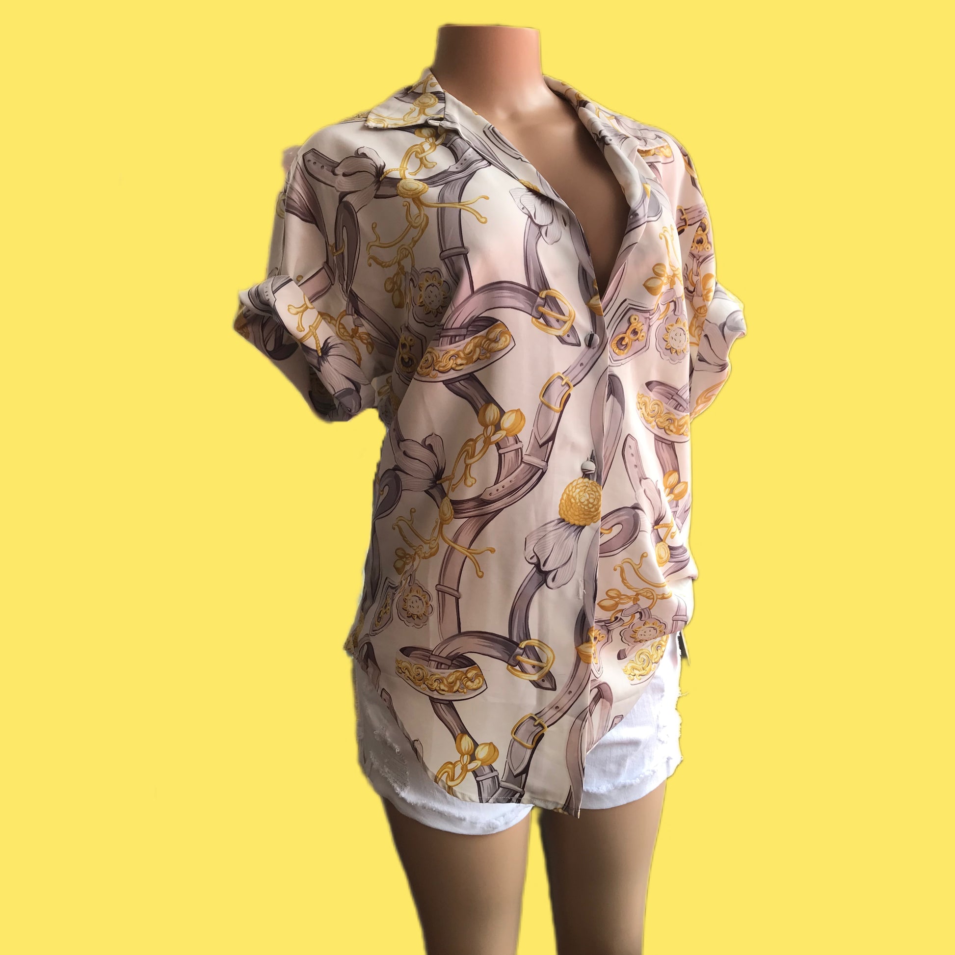 vintage fancy belt print button down shirt. L ... ^^^